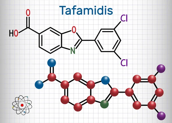Tafamidis molekyle. Papir i et bur. Strukturel kemisk formel og molekylemodel – Stock-vektor