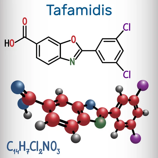 Molekula tafamidis. Strukturní chemický vzorec a model molekuly — Stockový vektor