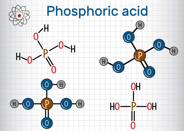 Ácido fosfórico ácido ortofosfórico, H2PO4 é uma molécula de ácido mineral e fraco. Fórmula química estrutural e modelo de molécula —  Vetores de Stock