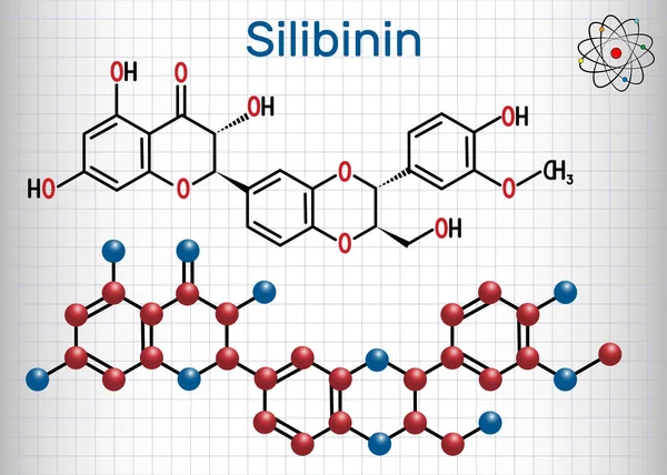 Silibinin silybin Molecule. fórmula química estructural. Hoja de papel en una jaula — Vector de stock