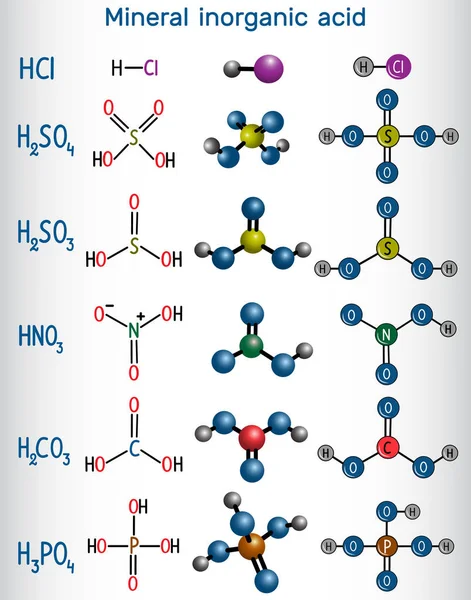 Chemical formula and molecule model mineral inorganic acid. Hydrochloric acid HCL , Sulfuric acid H2SO4 , Nitric acid HNO3 , Carbonic acid H2CO3 Sulfurous acid H2SO3 , Phosphoric acid H2PO4 — Stock Vector
