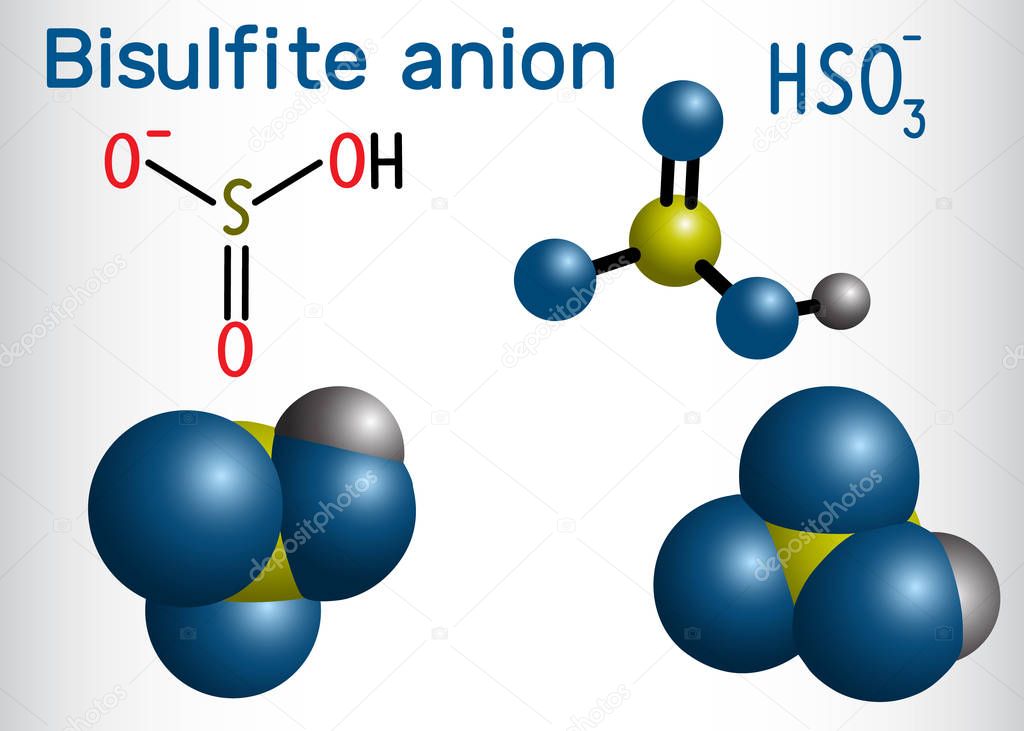Bisulfite anion hydrogen sulfite molecule. Sodium bisulfite E222 and potassium bisulfite E228 are food preservatives. Structural chemical formula and molecule model