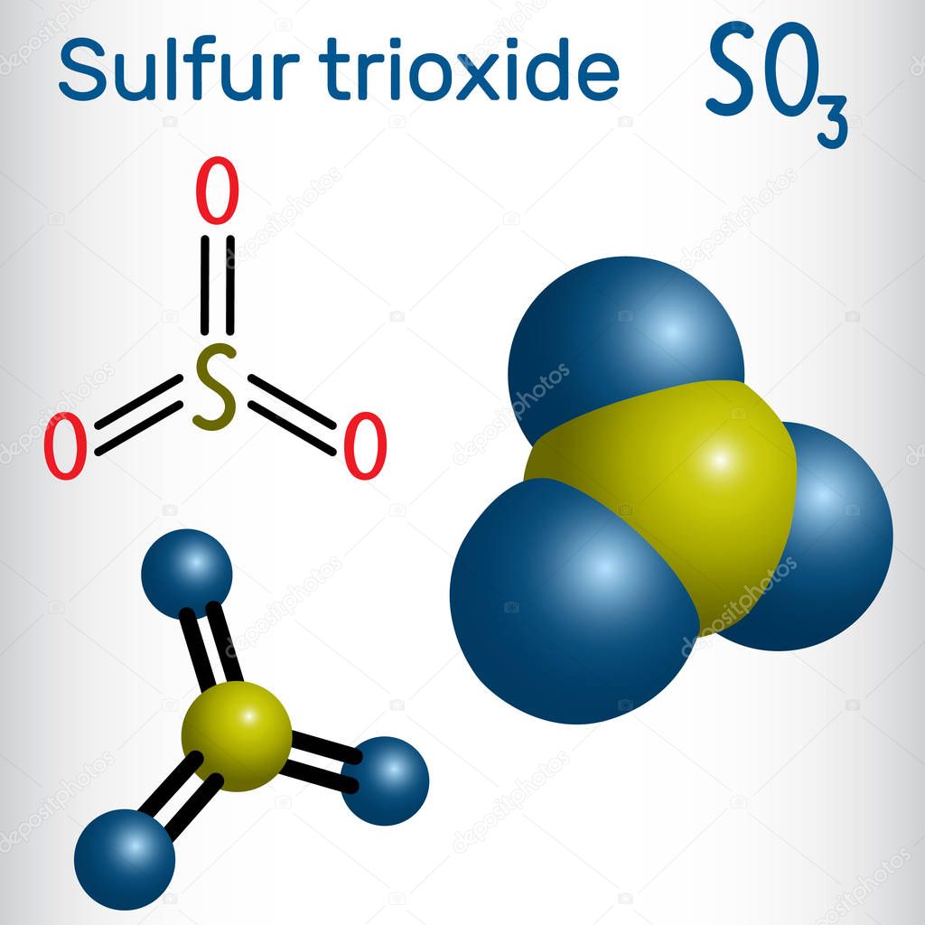 Sulfur trioxide sulfuric anhydride, SO3 molecule. Structural chemical formula and molecule model