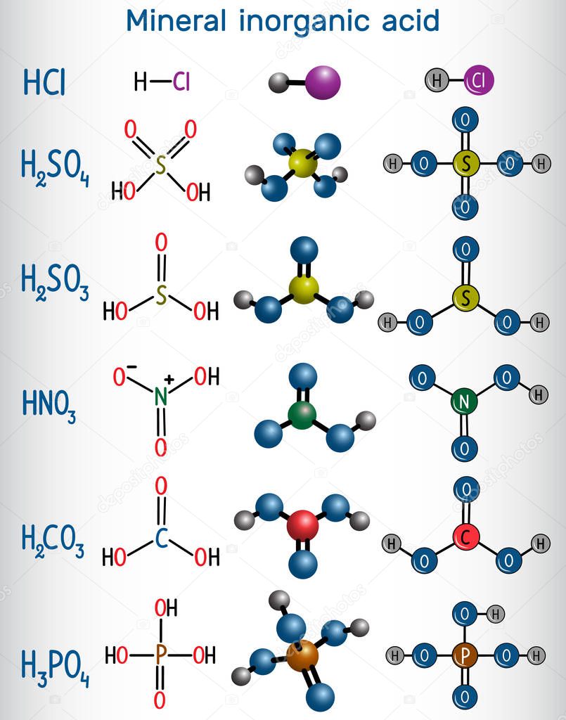 Chemical formula and molecule model mineral inorganic acid. Hydrochloric acid HCL , Sulfuric acid H2SO4 , Nitric acid HNO3 , Carbonic acid H2CO3 Sulfurous acid H2SO3 , Phosphoric acid H2PO4 