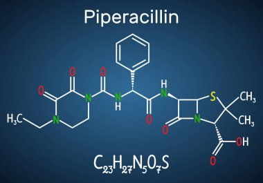 Piperacillin molecule. It is antibiotic drug. Structural chemical formula and molecule model on the dark blue background clipart
