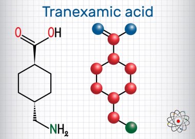 Tranexamic asit Txa ilaç molekülü, aşırı kanamayı önlemek için kullanılır. Yapısal kimyasal formül ve molekül modeli. Kafesteki kağıt levha