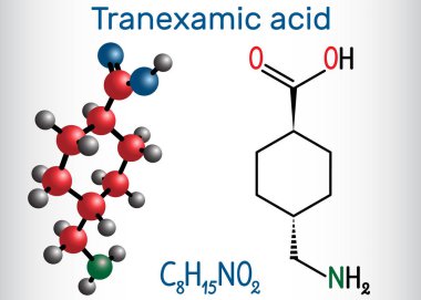 Tranexamic asit Txa ilaç molekülü, aşırı kanamayı önlemek için kullanılır. Yapısal kimyasal formül ve molekül modeli