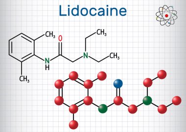 Lidocaine xylocaine, lignocaine molecule. It is local anesthetic. Sheet of paper in a cage. Structural chemical formula and molecule model clipart