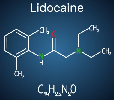 Lidocaine xylocaine, lignocaine molecule. It is local anesthetic. Structural chemical formula on the dark blue background clipart