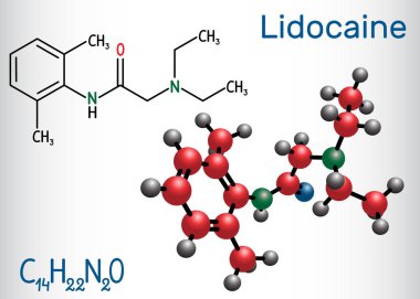 Lidocaine (xylocaine, lignocaine) molecule. It is local anesthetic. Structural chemical formula and molecule model. clipart