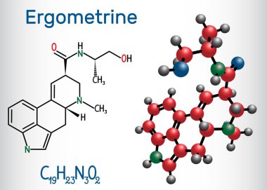 Ergometrine drug molecule. Structural chemical formula and molecule model. clipart
