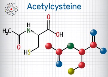 Asetilsistein N-asetilsistein, Nac ilaç molekülü. Yapısal kimyasal formül ve molekül modeli. Kafesteki kağıt levha