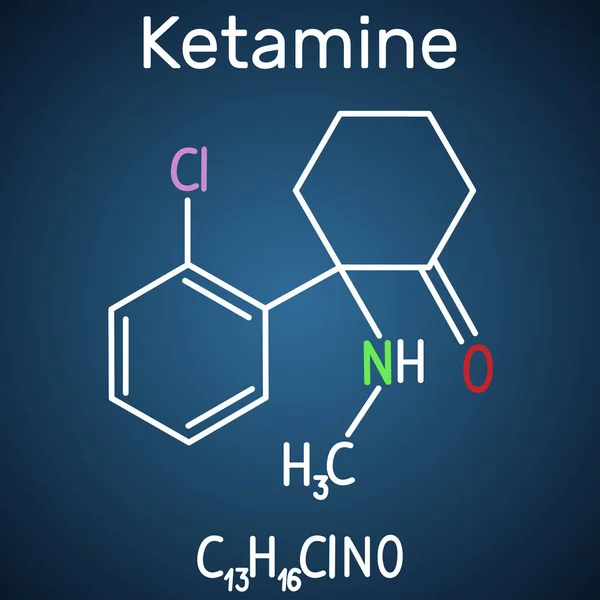 Molécula de ketamina. Se utiliza para la anestesia en medicina. Fórmula química estructural y modelo de molécula sobre fondo azul oscuro — Vector de stock