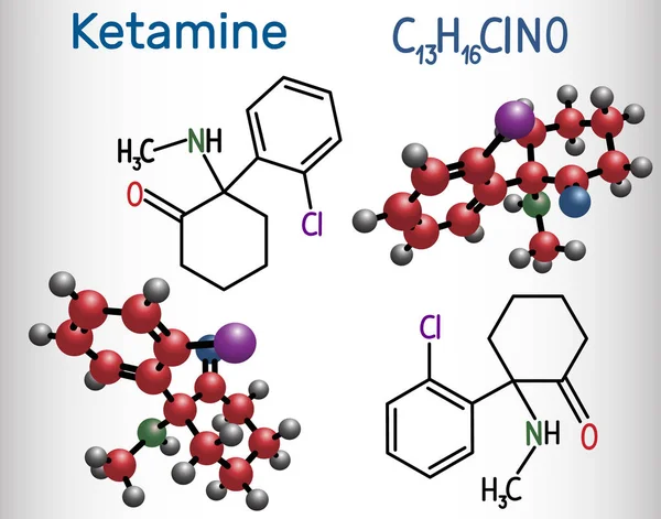 Molécula de ketamina. Se utiliza para la anestesia en medicina. Fórmula química estructural y modelo molecular . — Vector de stock