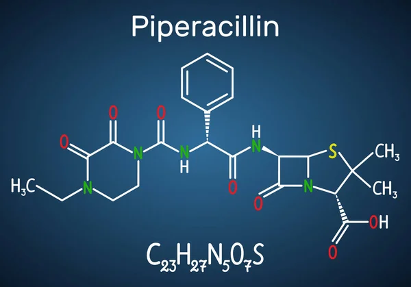 Molécula de piperacilina. Es un antibiótico. Fórmula química estructural y modelo de molécula sobre fondo azul oscuro — Vector de stock