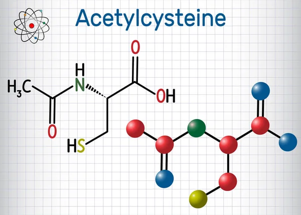 Acetilcisteína N-acetilcisteína, molécula de droga NAC. Fórmula química estructural y modelo molecular. Hoja de papel en una jaula — Vector de stock