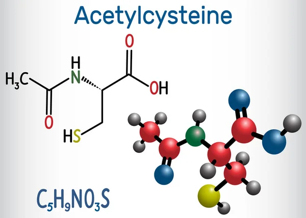 Asetilsistein (N-asetilsistein, Nac) ilaç molekülü. Yapısal kimyasal formül ve molekül modeli.