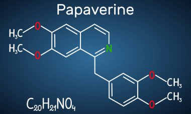 Papaverine molekülü. Bu afyon alkaloid antispazmodik ilaçtır. Koyu mavi arka plan üzerinde yapısal kimyasal formül.