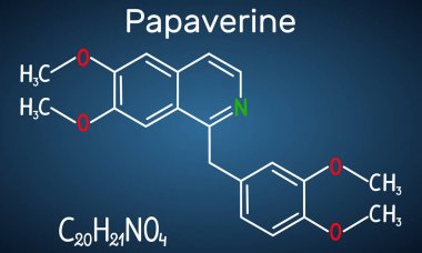 Papaverine molecule. It is opium alkaloid antispasmodic drug. Structural chemical formula on the dark blue background. clipart