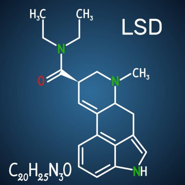 Lysergic asit dietilamid Lsd . Halüsinojenik bir ilaç. Koyu mavi arka plan üzerinde yapısal kimyasal formül ve molekül modeli