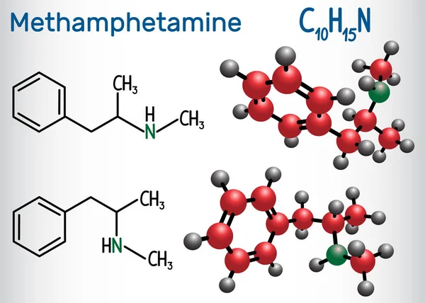 Metanfetamina cristal de metanfetamina, C10H15N molécula, es un potente estimulante del sistema nervioso central. Fórmula química estructural y modelo molecular — Vector de stock