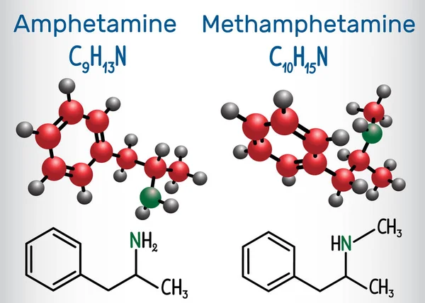 Anfetamina anfetamina, C9H13N y metanfetamina cristal metanfetamina, molécula C10H15N. Fórmula química estructural y modelo molecular — Vector de stock