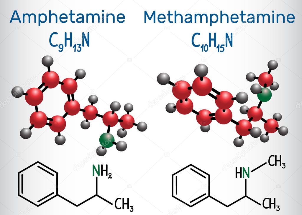 Amfetamine amphetamine, C9H13N and Methamphetamine crystal meth, C10H15N molecule. Structural chemical formula and molecule model