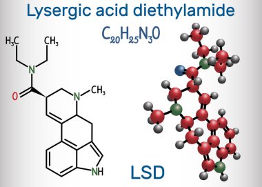 Lysergic acid diethylamide LSD . It is a hallucinogenic drug. Structural chemical formula and molecule model clipart