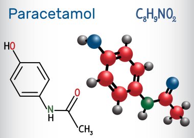 Parasetamol asetaminofen ilaç molekülü. Yapısal kimyasal formül ve molekül modeli.