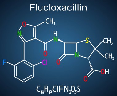 Flucloxacillin floksilin molekülü. Penisilin sınıfının beta-laktam antibiyotiktir. Koyu mavi arka plan üzerinde yapısal kimyasal formül