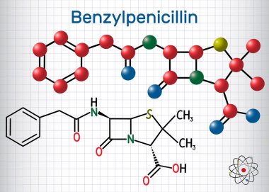 Benzilpenisilin penisilin G ilaç molekülü. Beta-laktam antibiyotik. Yapısal kimyasal formül ve molekül modeli. Kafesteki kağıt levha