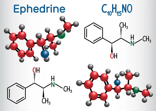 Efedrina C10H15NO molécula, es un medicamento y estimulante. Fórmula química estructural y modelo molecular — Vector de stock