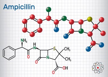 Ampisilin ilaç molekülü. Beta-laktam antibiyotik. Kafesteki kağıt parçası. Yapısal kimyasal formül ve molekül modeli.