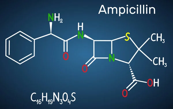 Ampicillaire drug molecuul. Het is Beta-lactam antibioticum. Structurele chemische formule op de donker blauwe achtergrond — Stockvector