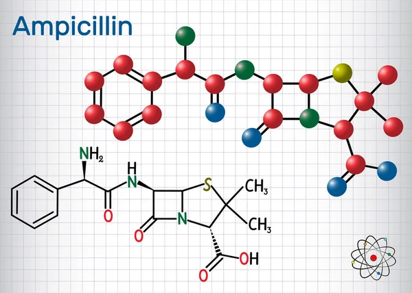 Molécula de ampicilina. Es un antibiótico beta-lactámico. Hoja de papel en una jaula. Fórmula química estructural y modelo molecular . — Vector de stock