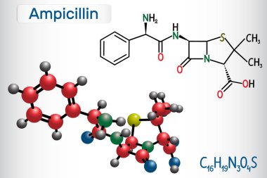 Ampisilin ilaç molekülü. Beta-laktam antibiyotik. Yapısal kimyasal formül ve molekül modeli
