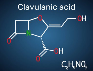 Klavulanik asit -laktam ilaç molekülü. Koyu mavi arka plan üzerinde yapısal kimyasal formül