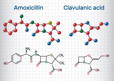 Amoxicillin and clavulanic acid drug molecule. Combination is an antibiotic useful for the treatment of bacterial infections. Sheet of paper in a cage. Structural chemical formula and molecule model clipart