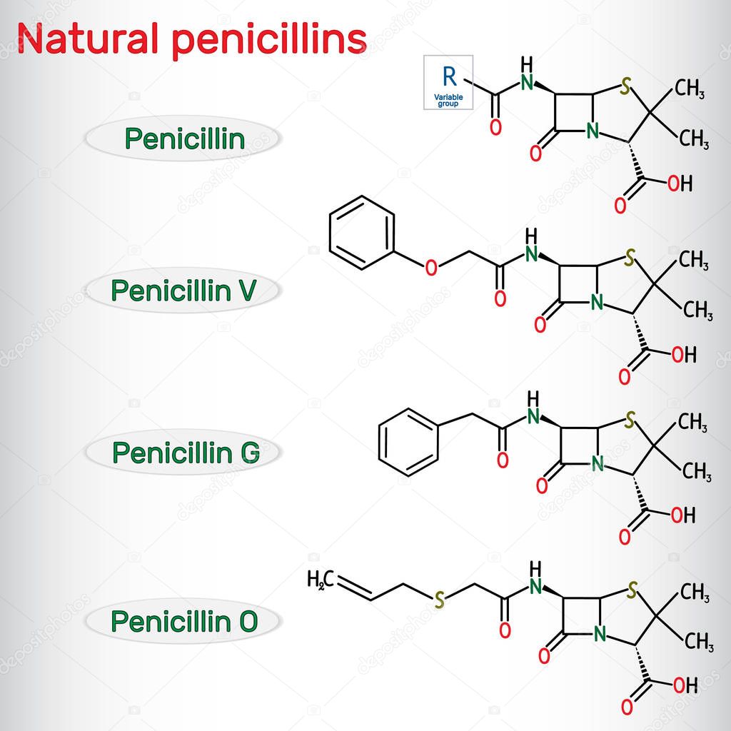 Natural penicillins antibiotic drug molecule. Benzylpenicillin , phenoxymethylpenicillin, almecillin. Structural chemical formula
