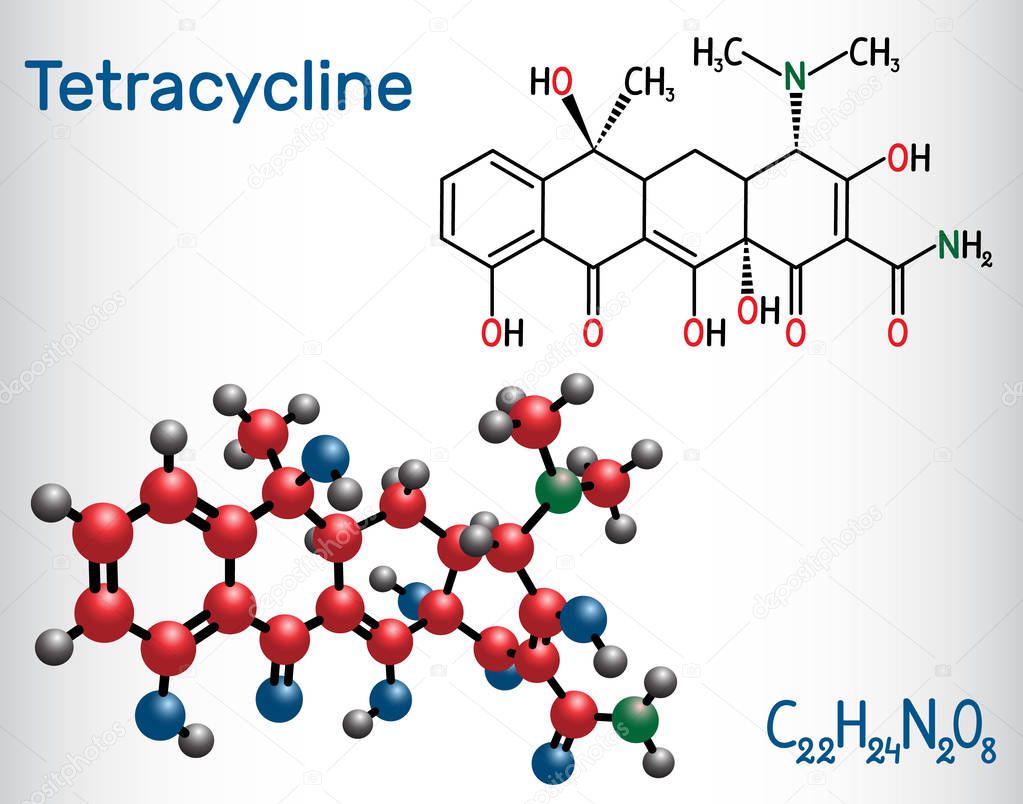 Tetracycline antibiotic drug molecule. Structural chemical formula and molecule model