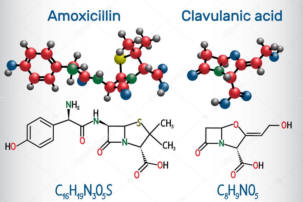 Amoxicillin and clavulanic acid drug molecule. Combination is an antibiotic useful for the treatment of a number of bacterial infections. Structural chemical formula and molecule model.