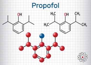 Propofol anestezik ilaç molekülü. Yapısal kimyasal formül ve molekül modeli. Kafesteki kağıt levha