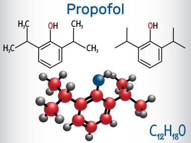 Propofol anestezik ilaç molekülü. Yapısal kimyasal formül ve molekül modeli