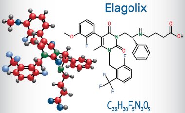 Elagolix ilaç molekülü. Gonadotropin salgılayan hormon antagonistleridir. Yapısal kimyasal formül ve molekül modeli