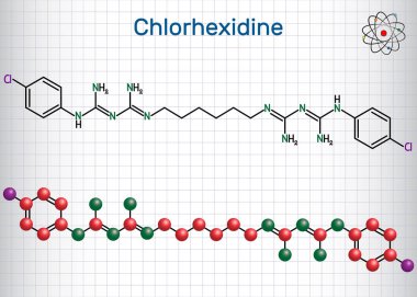 Klorheksidin klorheksidin glukonat, Chg antiseptik molekül. Yapısal kimyasal formül ve molekül modeli. Kafesteki kağıt levha