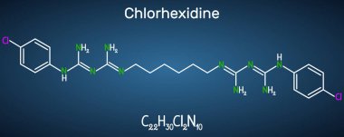 Chlorhexidine chlorhexidine gluconate, CHG antiseptic molecule. Structural chemical formula on the dark blue background clipart