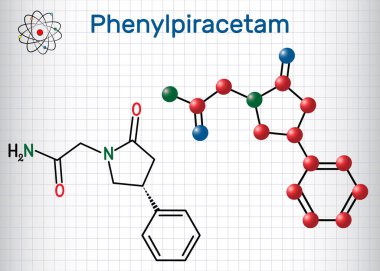 Fenilpiracetam nootropic ilaç molekülü. Pirasenin fenillenmiş bir analogudur. Kafesteki kağıt parçası. Yapısal kimyasal formül ve molekül modeli.