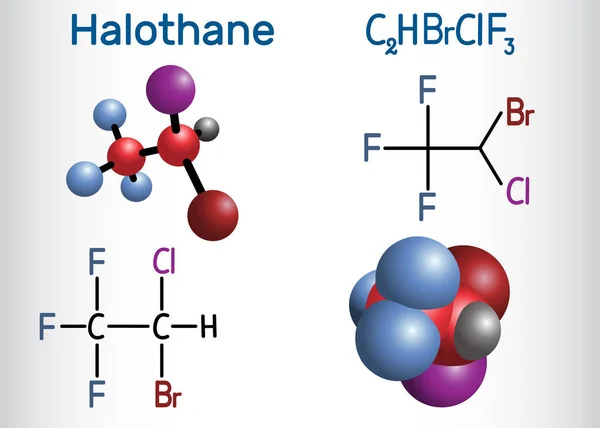 Molécula de anestésico general de halotano. Fórmula química estructural y modelo molecular — Archivo Imágenes Vectoriales