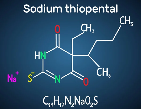 Molécula de tiopental de sódio. É um anestésico geral barbitúrico de ação curta de início rápido. Fórmula química estrutural no fundo azul escuro — Vetor de Stock