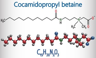 Cocamidopropyl betaine CAPB molecule. It is used in shampoo, in cosmetics, as antistatic in hair conditioner. Structural chemical formula and molecule model clipart